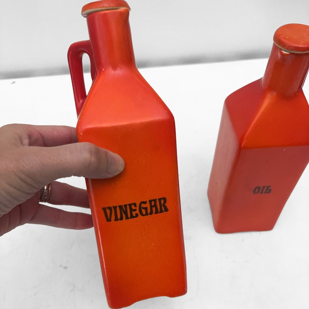 Vintage Czechoslovakia Ceramic Oil Vinegar Cruet Set Orange MCM Retro Kitchen